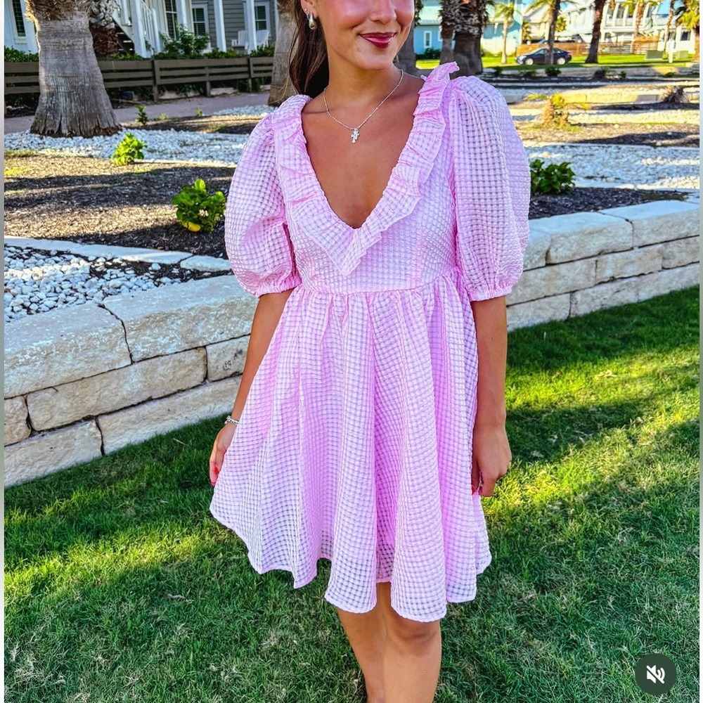 Mable Pink Gingham Puff Sleeve Ruffle Tie Back Mini Dress Coquette Romantic‎ S